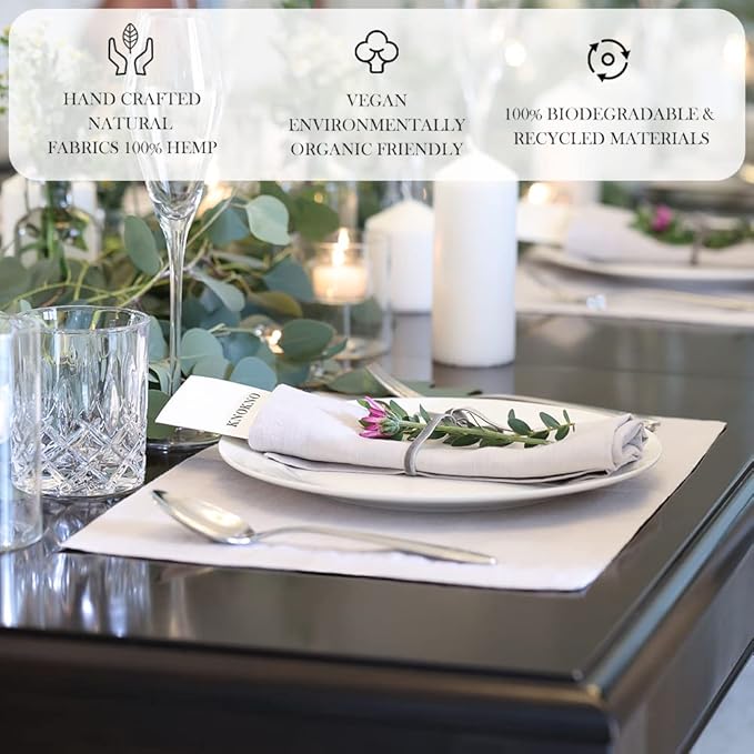 KNOKNO Home Pure Hemp Placemats 18 x 12 Inch Set of 4 Handcrafted with Mitered Corners Natural Fabric,Machine Washable Table Mats for Dining Tables (Silver Gray, Placemats | Set of 4)