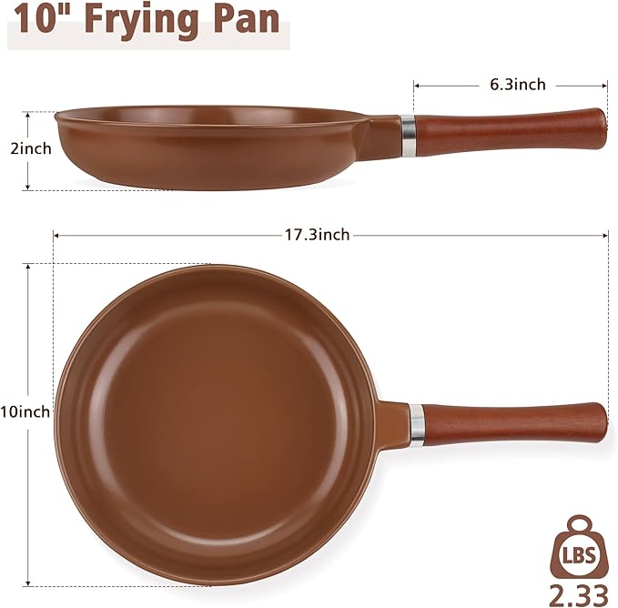 10-inch Pure Ceramic Frying Pan Skillet - Non-Toxic, PFOA/PFAS/PTFE Free, No Chemical Coating - Healthy Cooking - Solid Wood Handle (Brown)
