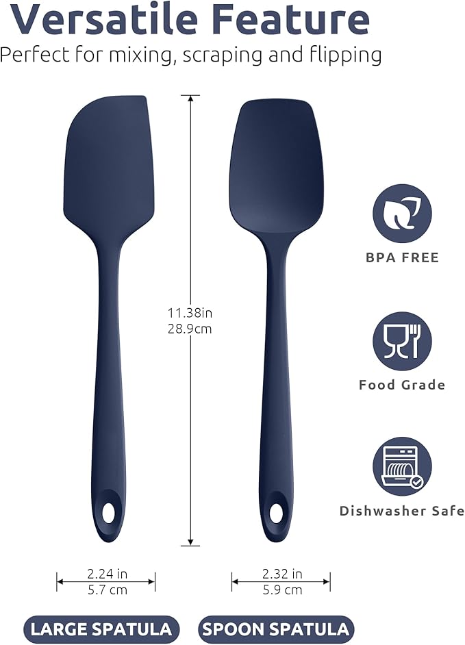 U-Taste Flat Spatula & Spoon Spatula: 11.38in 600쨘F Heat Resistant Silicone Bowl Scraper, Flexible Rubber Kitchen Cooking Mixing Utensil with Upgraded Non-Stick Surface (Set of 2, Midnight Blue)