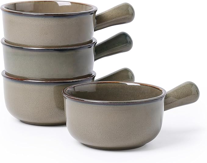 MONITO 28 Oz French Onion Soup Bowls, Ceramic Soup Bowls with Handles, Stackable Soup Crocks, Oven/Microwave/Dishwasher Safe, for Cereal, Soups, Casseroles