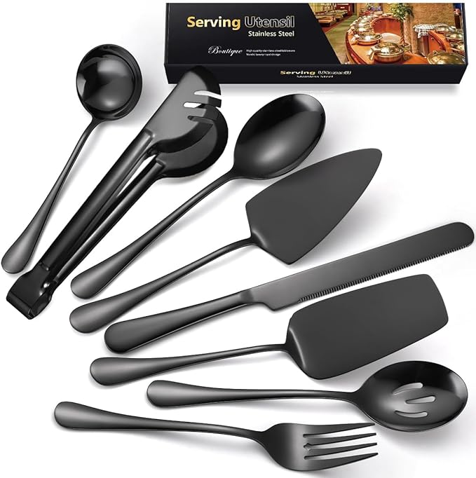 AARAINBOW Exquisite 8 Pieces Serving Utensils Set, Stainless Steel Serving Utensils Large Hostess Serving Set with Serving Spoons, Serving Tongs, Serving Fork, Cake Knife for Parties Buffet (8 Black)…