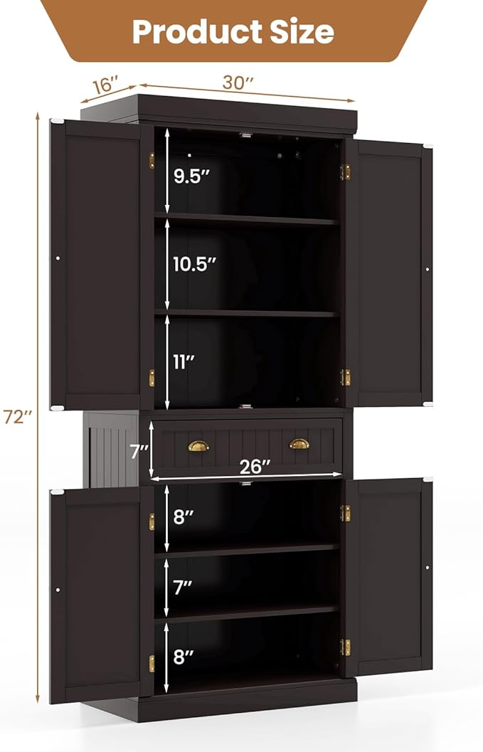 DORTALA 72??Tall Kitchen Pantry Cabinet, Wood Storage Cupboard w/ 4 Adjustable Shelves, 2 Cabinets & Drawer, Utility Freestanding Storage Cabinet for Kitchen, Hallway, Living Room, Brown
