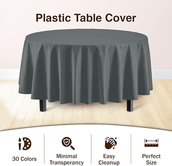 Party Solids Pack Of 6 Premium Plastic Tablecloth 84 Inch Round Plastic Table Cover - Silver