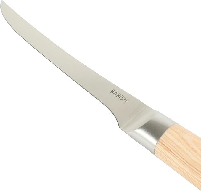 Babish 1.4116 German Stainless Steel Boning & Fillet Knife with Light Pakka Wood Handle ??6-Inch Full-Tang Flexible Kitchen Knife for Meat, Poultry, Fish & Precision Butchering