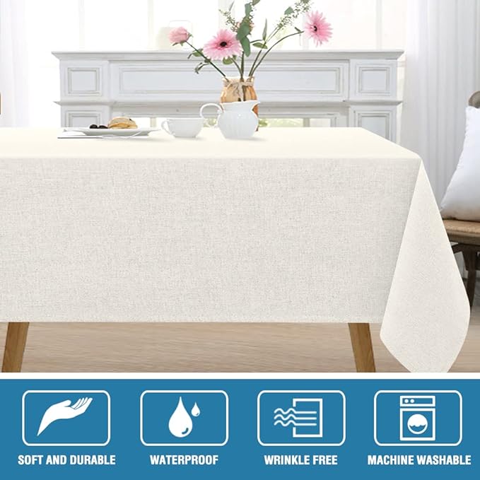 H.VERSAILTEX Linen Textured Tablecloth 60 x 102 Waterproof Decorative Table Cloth Spill-Proof Linen Look Cover for Party Table Extra Soft and Thick Fabric Wrinkle Free, Heather Ivory