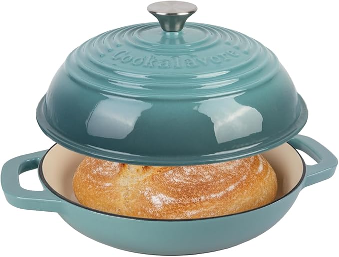 Premium Enameled Cast Iron Dutch Oven for Bread Baking | Non-Stick 5QT Oval Bread Oven with Lid | Perfect for Sourdough, Loaf, and Artisan Baking (Round Green, 5 QT)
