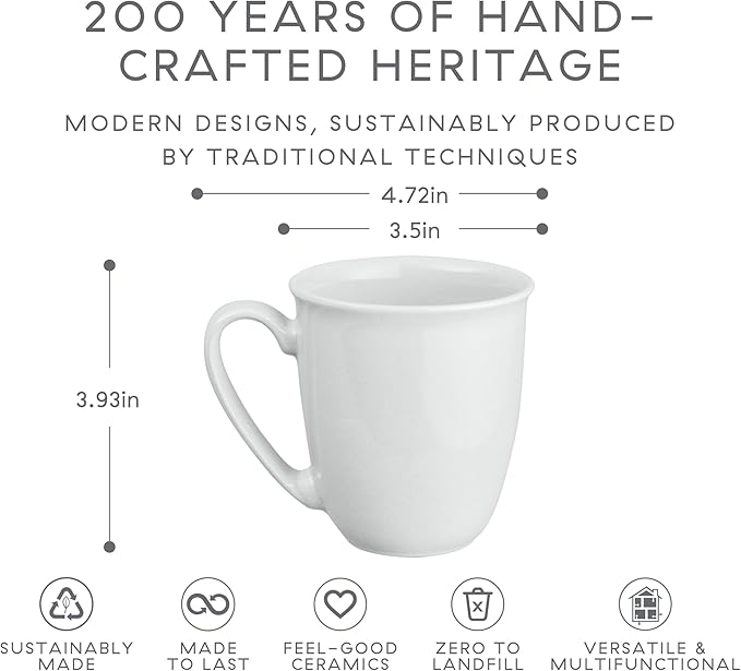 Denby - Elements Stone Large Coffee Mug Set of 4-11.15 Ounce Stoneware Tea Mug Set For Office & Home - Dishwasher Safe, Microwave Safe - Ceramic Tea Cups White Glaze