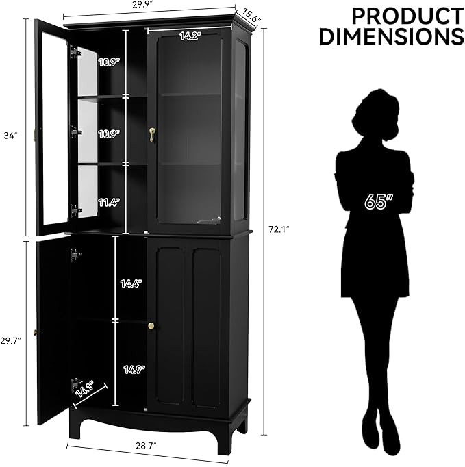 ARTPOWER 72" Freestanding Kitchen Pantry Storage Sideboard, Classical Tall Cabinet with Glass Door and Adjustable Shelves for Kitchen, Livingroom and Dining Room, Black