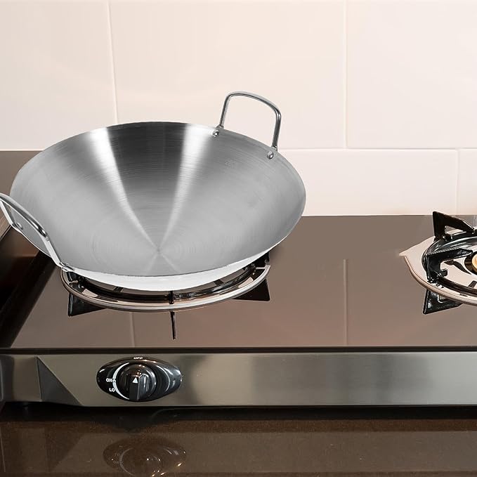 STOBOK Pots Wok Pan 28cm Double Handle Wok Stainless Steel Fry Pan Large Capacity Saute Pan Round Bottom Multipurpose Stewpot Skillet Works for Gas Cooktops Electric Frying Pan