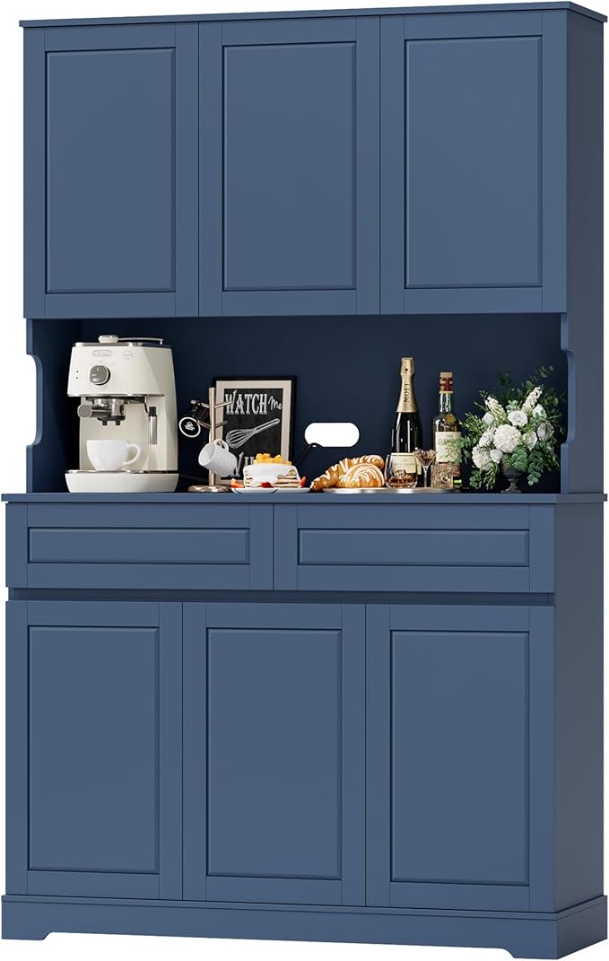 FACBOTALL 74" Pantry Cabinet, Tall Kitchen Pantry Cabinet with 6 Doors and 2 Drawers, Kitchen Hutch with Wide Countertop, Modern Kitchens Cupboard with Adjustable Shelves and Charge Holes, Blue