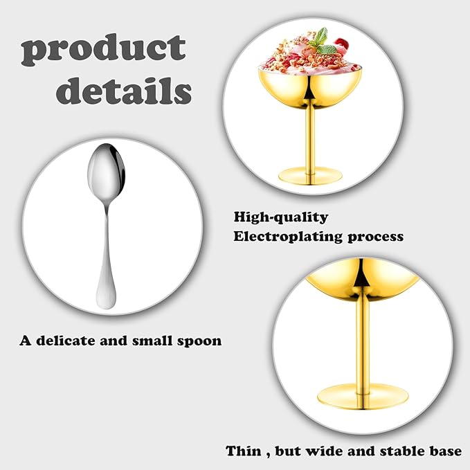 Ice Cream Bowls Stainless Steel Dessert Cups with Spoons Reusable Footed Sundae Cups Ice Cream Cups for Dessert, Frozen Yogurt, Gelato, Birthday Party Decorations (1, Glod)