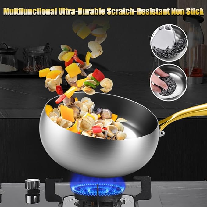 Titanium Hammered Pan with Lid, Thickened Multi-Layer Titanium Wok Pan, Scratch-Resistant Non Stick Stock Pot, Even Heating for Cooking,With lid,10.24IN