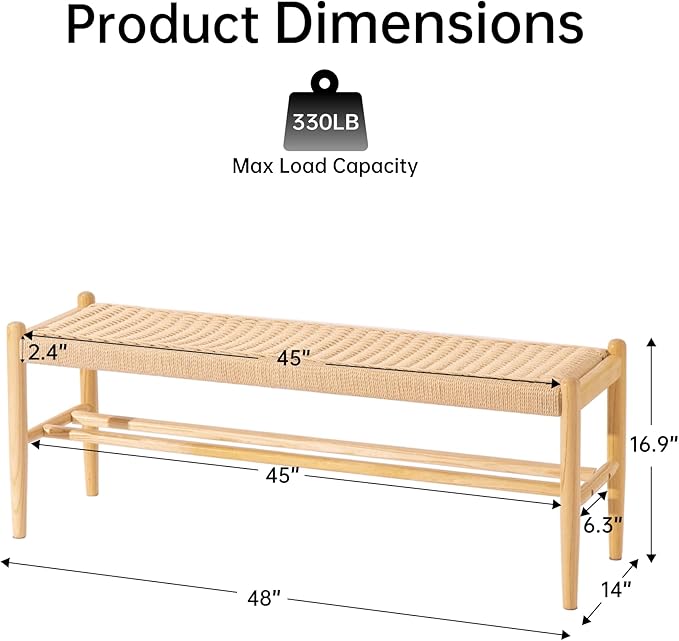 XINNAN Solid Wood Entryway Bench with Shoe Storage, Rustic Oak and Woven Design 45 Inch Long Seating for Living and Dining Rooms, Natural