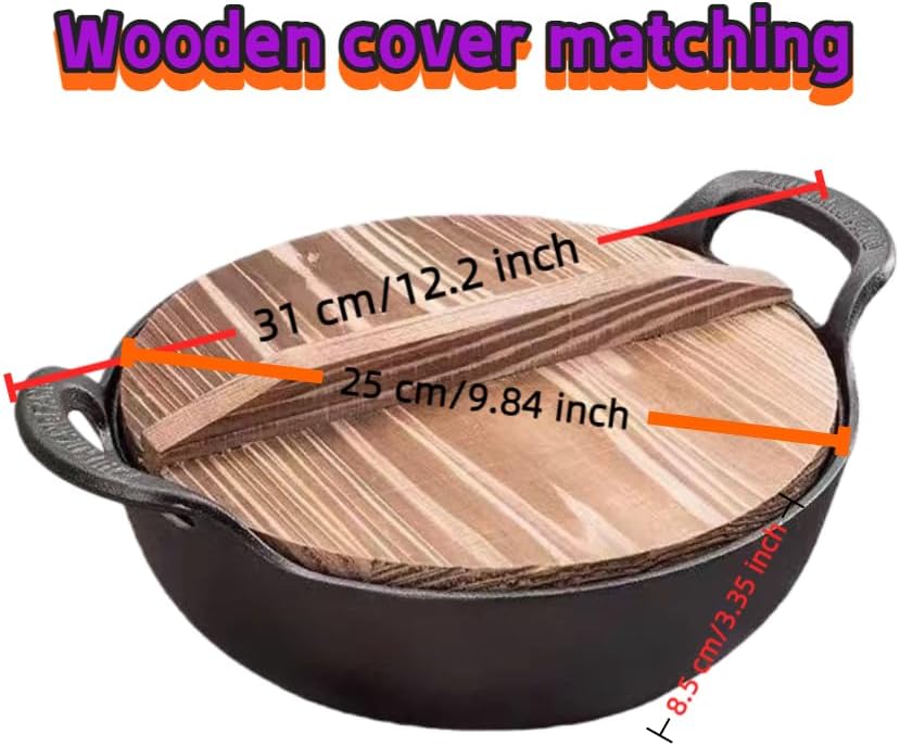 cast iron Dutch oven large-capacity pot with lid is used for baking bread and stewing meat-heavy-duty casting cooker iron pot is used for stewing, baking and bread baking.(Wooden lid, 9.84in*3.4in)