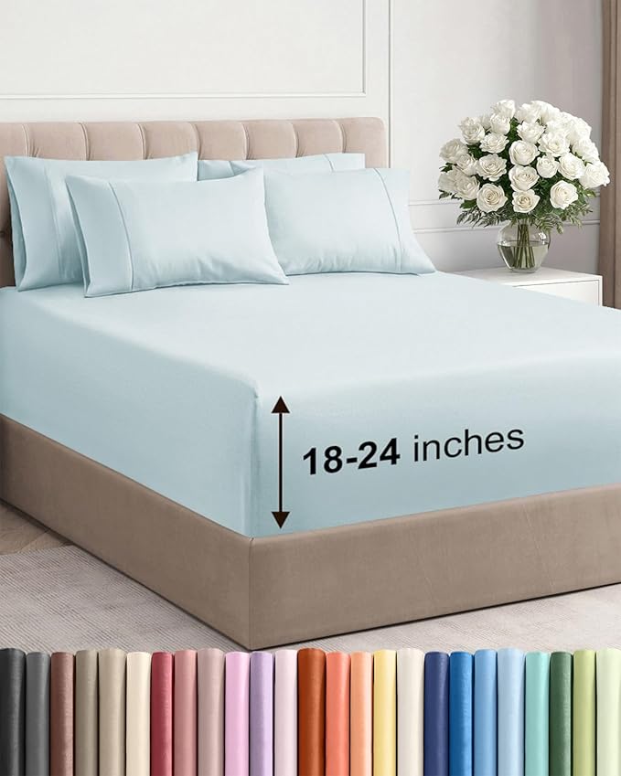 Extra Deep Full Sheet Set - 6 Piece Breathable & Cooling Sheets - Hotel Luxury Bed Sheets Set - Easy & Secure Fit - Soft, Wrinkle Free & Comfy Sheets Set - Ice Blue Sheet Set with Extra Deep Pockets