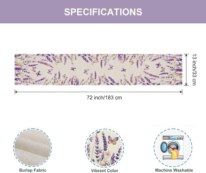 ZCHOMI Purple Lavender Butterfly Table Runner 13x72 Inch Spring Summer Seasonal Kitchen Dinning Table Decoration for Indoor Outdoor Home Party D챕cor