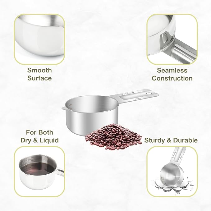 BERYLER 2PCS 1/3Cup (80ml, 2.6oz) Single Measuring Cup, Etched Inner Scale Stainless Steel Measure Scoop, Metric and US Measurement, Dishwasher Safe