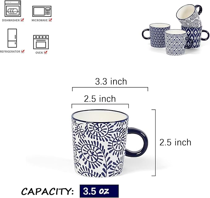 Selamica Ceramic 3.5 Oz Espresso Cups, Espresso Mugs 2.5 Inch Demitasse Cups, Mini Coffee Cups for Latte Mocha Lungo Tea, Set of 4, Vintage Blue
