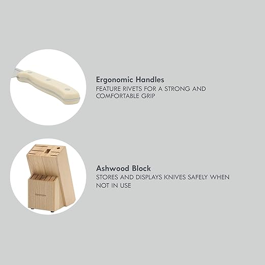 Kenmore Kane 14-Piece Stainless Steel Kitchen Knife Block Set ??Triple Rivet ABS Handles, Cream White ??Chef, Bread, Utility, Paring, Steak Knives & Kitchen Shears in Wood Storage Block