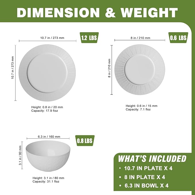Yoshy 12-Piece White Bone China Dinnerware with Lightweight Durable Chip Resistant Design Service for 4 (12 Piece - Service for 4, Streamsong)