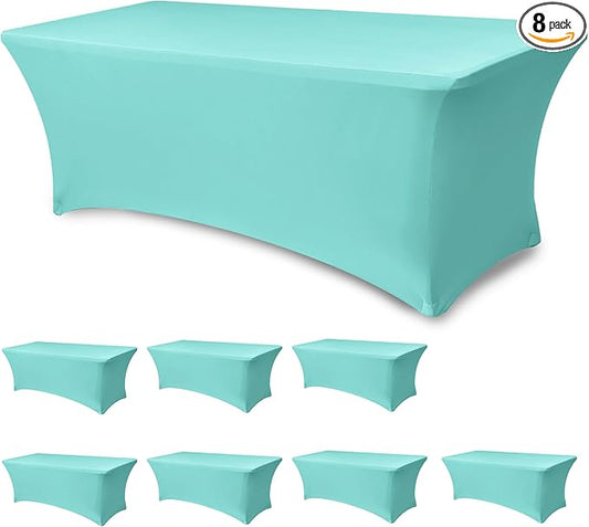 Enjoyidea Fitted Stretch Table Cover for 6 foot Rectangle Tables-8 Pack Aqua Blue Spandex Tablecloth-Elastic Folding Tablecloths for Party, Vendor Booth Display, Banquet Buffet Event, Craft Trade Show