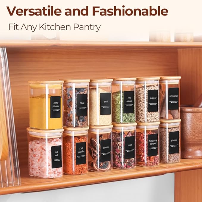 Comsaf Spice Jars with Label竊? oz Small Glass Jars with Lids, 6 Pcs Seasoning Containers, Rectangle Glass Containers with Lids, Empty Seasoning Jars for Pantry Storage, Loose Tea, Herbs, Powders, Salt