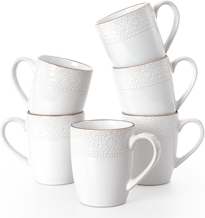 famiware Coffee Mugs Sets for 6, 12 oz Mug Set, Coffee Cups with Handle for Coffee, Tea, Cocoa and Milk, Microwave and Dishwasher Safe, White Floral