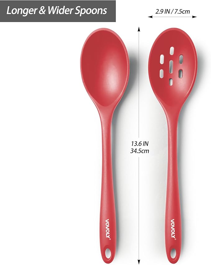 Silicone Spoons for Cooking - Extra Large Kitchen Spoons for Mixing, Serving, & Stirring - 600째F Heat-Resistant Non Stick Utensils Ladle & Skimmer- Dishwasher Safe, Red