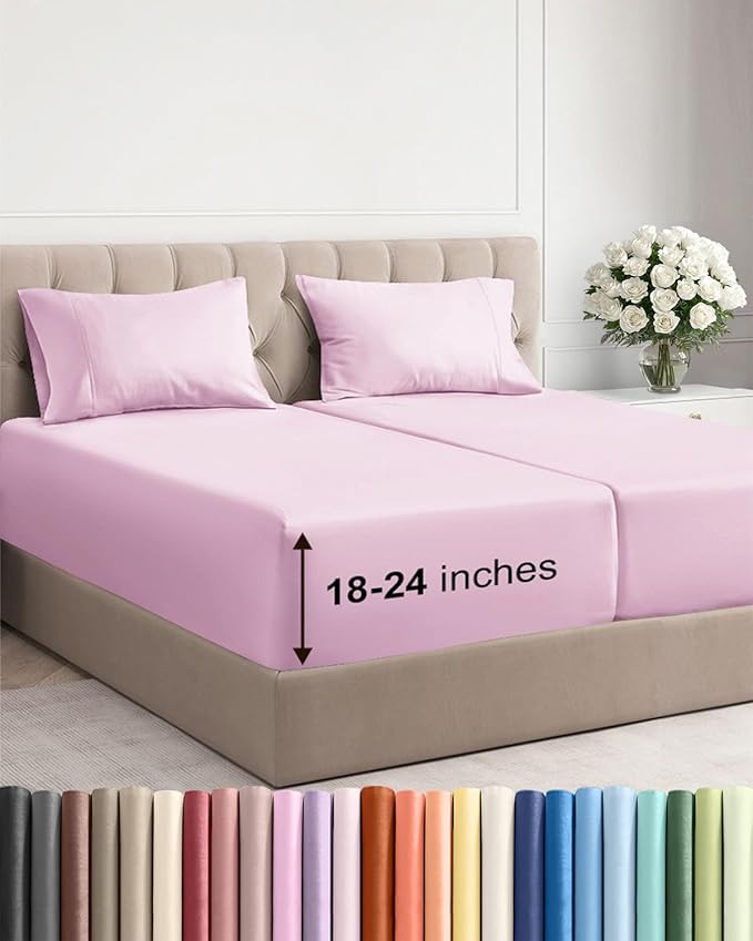 Extra Deep Pocket Split King Sheets - 5 Piece Breathable & Cooling Bed Sheets - Hotel Luxury Bed Sheet Set - Soft, Wrinkle Free & Comfy - Easily Fits Extra Deep Mattresses - Light Pink Sheets Set