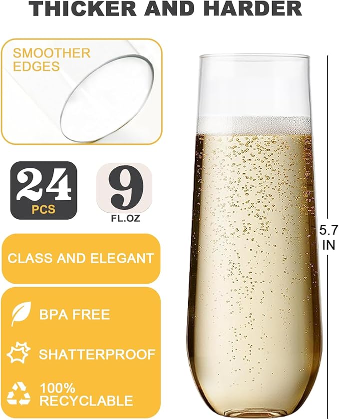 24 Pcak Champagne Flutes Plastic, 9 Oz Disposable Stemless Mimosa Clear Toasting Glasses, Clear Crystal Plastic Cocktail Cups for Party Wedding Birthday