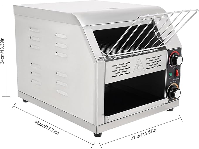 1900W Commercial Conveyor Toaster, 1-7 Gears Electric Stainless Steel Restaurant Toaster Oven with Grid & Crumb Tray Maximum Heating 300째C/572째F for Restaurants, Hotels (300 Slices/Hour)