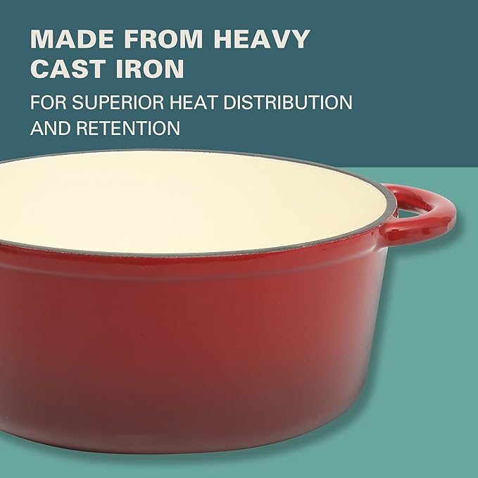 Gibson Home Addlestone 5-Quart Red Enamel Cast Iron Dutch Oven with Lid and Dual Handles ??Durable Round Cooking Pot