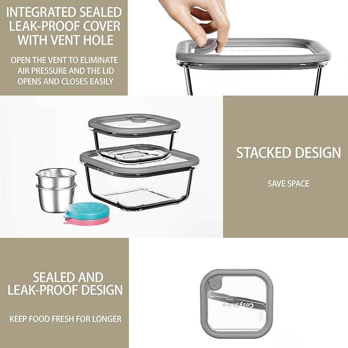 Glass Food Storage Containers with Silicone Glass Lids, 304 Stainless Steel Salad Dressing Containers, Microwave-safe LeakProof Food Containers Set, 100% Plastic Free-4-pack（Grey）