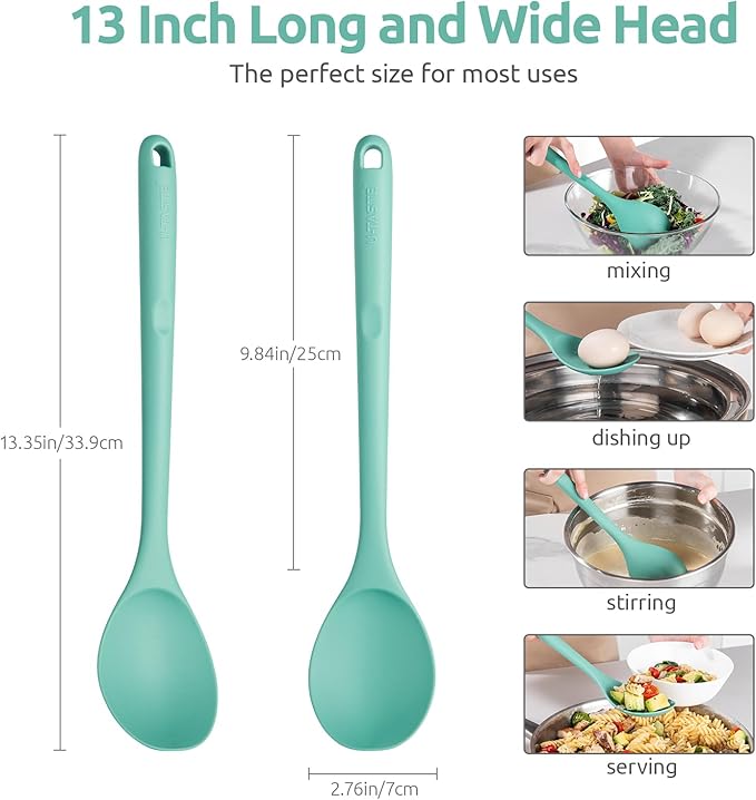 13.3" Solid Cooking Spoon: U-Taste 600쨘F Heat Resistant Kitchen Mixing Spoon, Food Grade Nonstick Long and Large Rubber Soup Utensil for Serving, Stirring, Basting, for Pot Cookware (Aqua Sky)