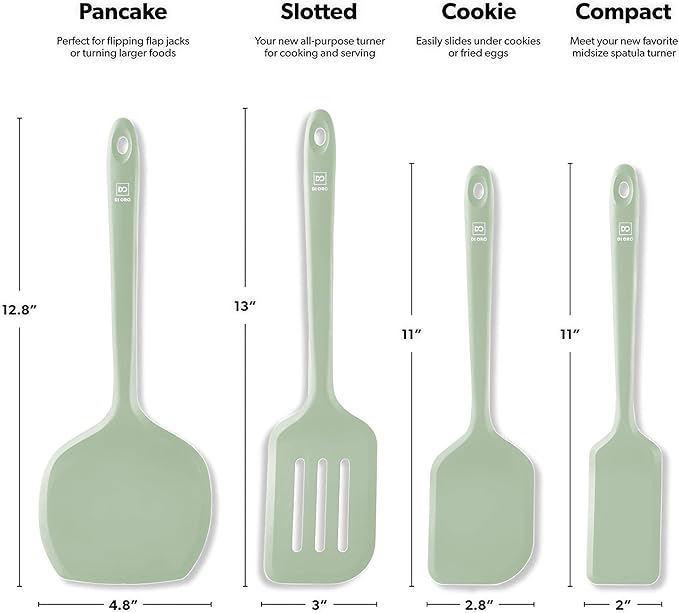 New DI ORO Silicone Turner Spatula Set - Kitchen Spatulas for Nonstick Cookware - Cooking Utensils for Flipping Eggs & Pancakes - 600째F Heat-Resistant BPA Free Turners - Dishwasher Safe (4pc, Sage)