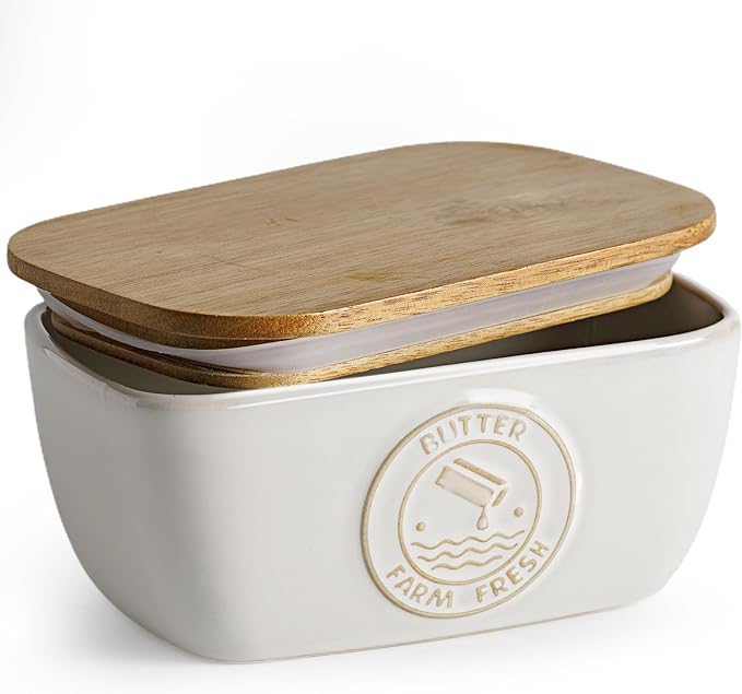 Getstar Ceramic Butter Dish with Acacia Lid for Countertop, Silicone Sealing, Farmhouse Kitchen Counter Decor, Large Butter Keeper Container (6.5?쓝4??