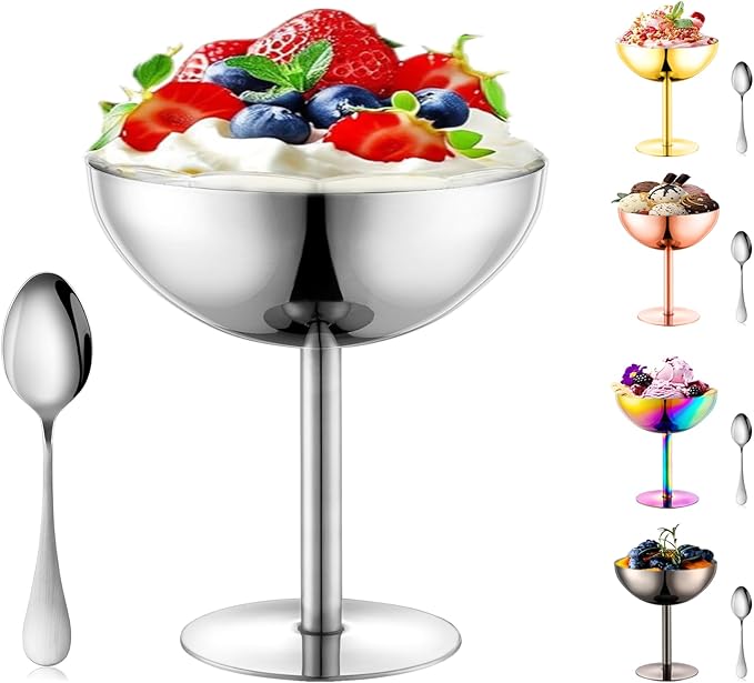 Ice Cream Bowls Stainless Steel Dessert Cups with Spoons Reusable Footed Sundae Cups Ice Cream Cups for Dessert, Frozen Yogurt, Gelato, Birthday Party Decorations (1, Silve)