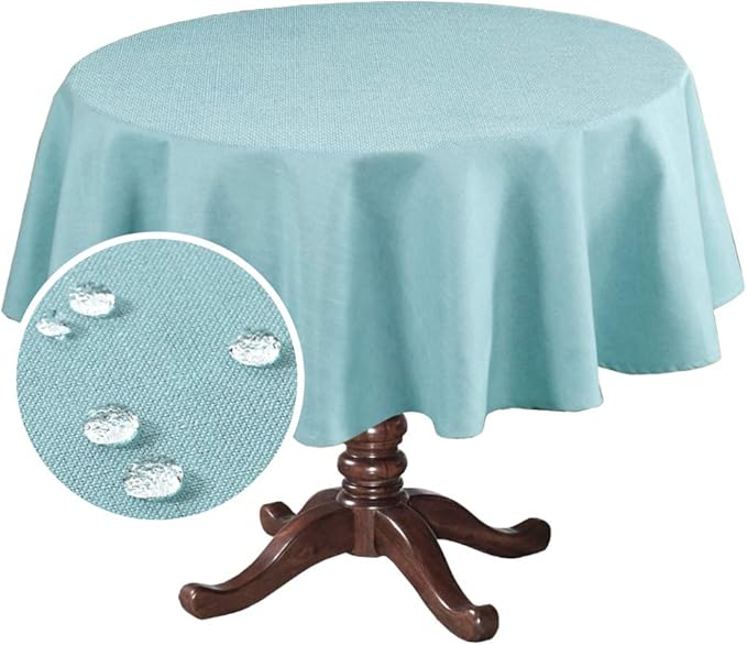 H.VERSAILTEX Linen Textured Table Cloths Round 60 Inch Premium Solid Tablecloth Spill-Proof Waterproof Table Cover for Dining Buffet Feature Extra Soft and Thick Fabric Wrinkle Free, Aqua