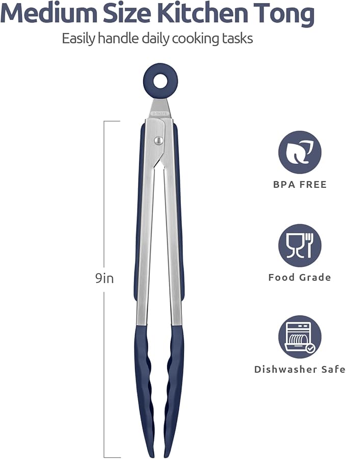 600쨘F Heat Resistant Kitchen Tongs: U-Taste 9 in Silicone Cooking Tong with Firm Sealed Non Stick Rubber Tips & Silicon Coated 18/8 Stainless Steel Handle & Smooth Lock for Serving Grill-Midnight Blue