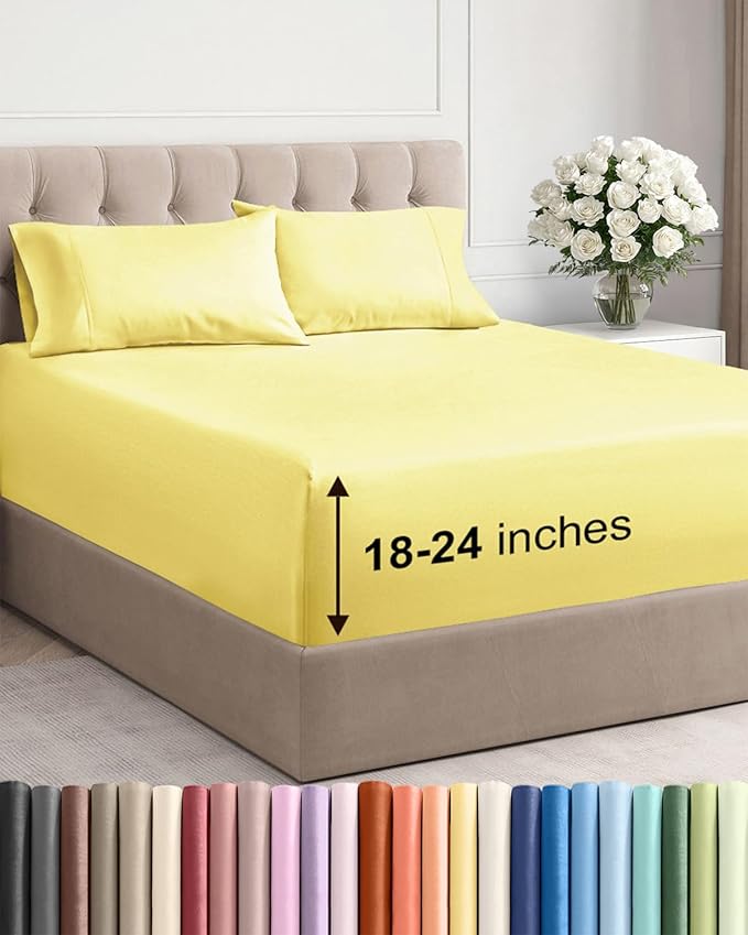 Extra Deep Pocket King Sheets - 4 Piece Breathable & Cooling Bed Sheets - Hotel Luxury Bed Sheet Set - Soft, Wrinkle Free & Comfy - Easily Fits Extra Deep Mattresses - Deep Pocket Yellow Sheets Set