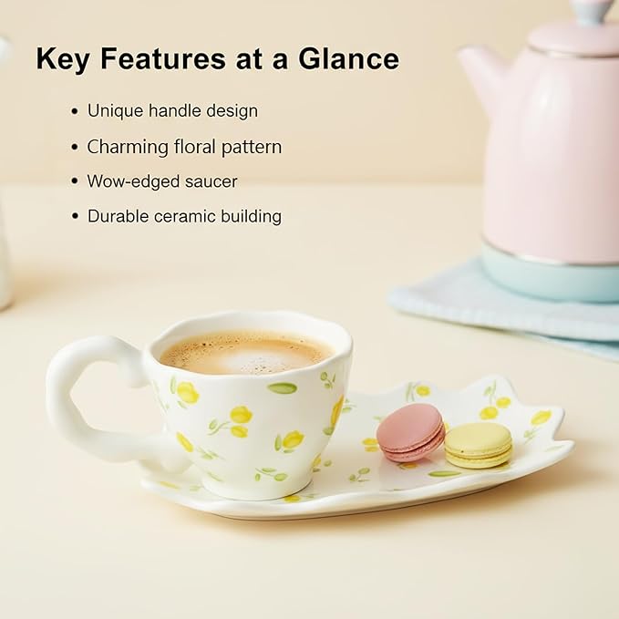 Unique Ceramic Tea Cup and Saucer Set, Coffee Mug, Cup and Saucer Set, Cute Fancy Girly Afternoon Tea Set Purse Gift, 5.4 oz/160 ml Vintage Style, For Women and Tea Parties, Yellow flowers