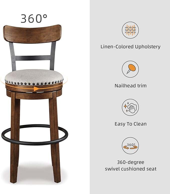 Signature Design by Ashley Valebeck | 30??Farmhouse Pub-Height Swivel Barstool With Back ??Upholstered Cushion, Nailhead Trim, Metal & Wood Frame, Brown