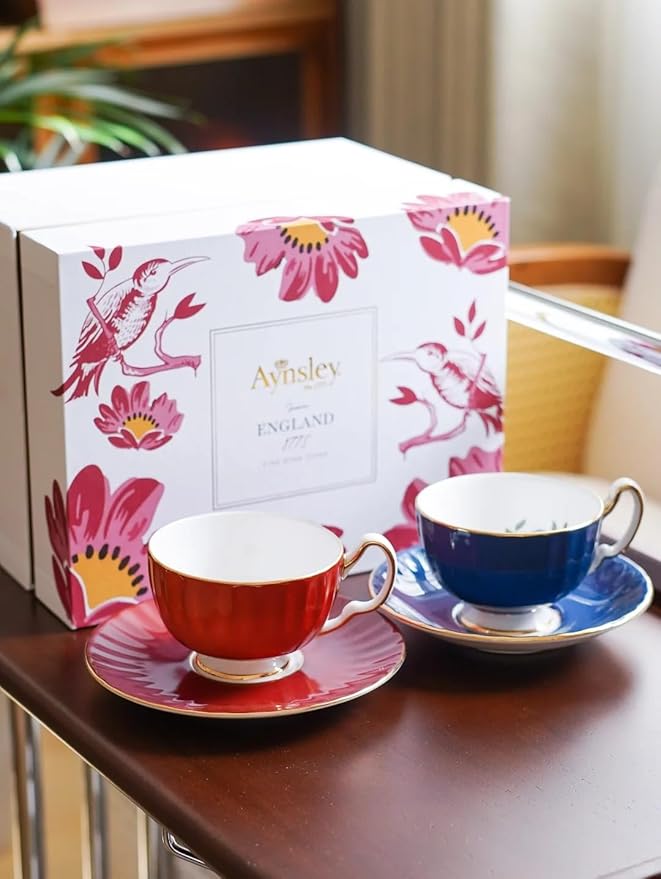 Aynsley Pembroke Glaze Oban 2-Piece Fine Bone China Teacup & Saucer - 6oz (180ml), Handpainted Floral with Gold Trim - Vintage Gift Set -Blue