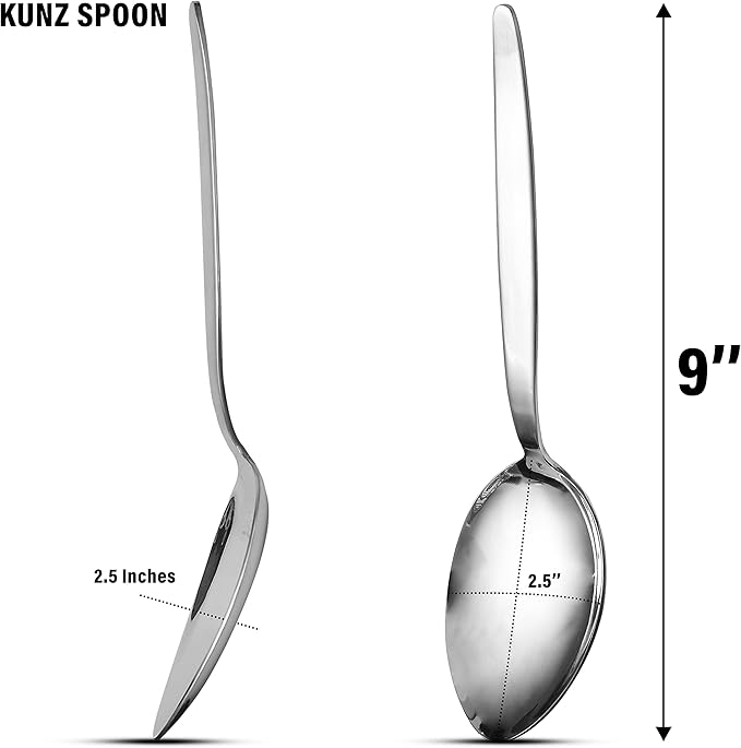 Kunz Perforated and Regular Set | Pack of 2 | 18/10 Stainless Steel | 9 Inch Cooking Dinner Serving Basting Quenelle Chef Spoon |