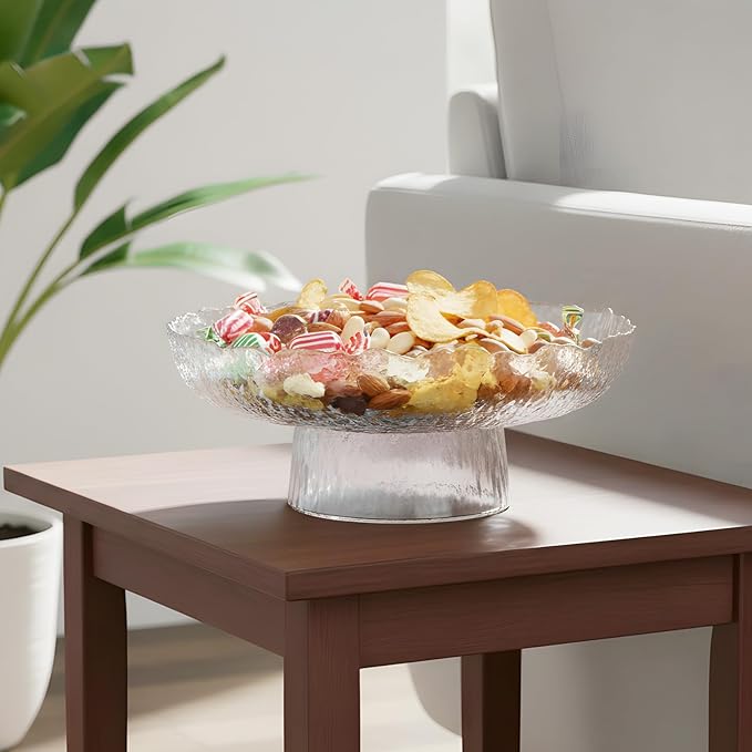 Large Glass Fruit Bowl for Kitchen Counter Decorative Centerpiece Bowl for Table Home D챕co, Clear Hammered