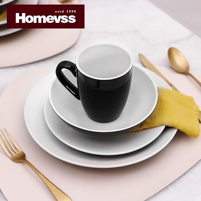 Stoneware Two-Tone Colors Life 16pc Dinner Set竊똎utside Shiny Black + Inside Matte Glaze Off White Cream color