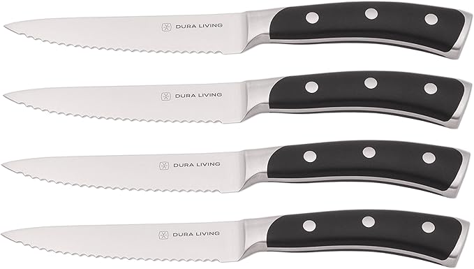 DURA LIVING 4-Piece Serrated Kitchen Steak Knife Set ??Forged High Carbon Stainless Steel, Ultra Sharp, Ergonomic Black Handles, Durable Dinner Knives, Black Handle