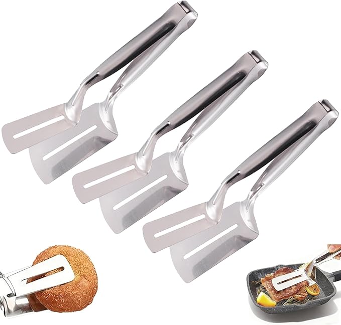 Stainless Steel Grill Clamp, 10 Inch Steak Clamps Anti-Scald Extended Handle Spatula Tongs Versatile Kitchen Tongs Food Flipping Tool for Bread Hamburger BBQ Meats Pizza Pies Bread Fish (3)