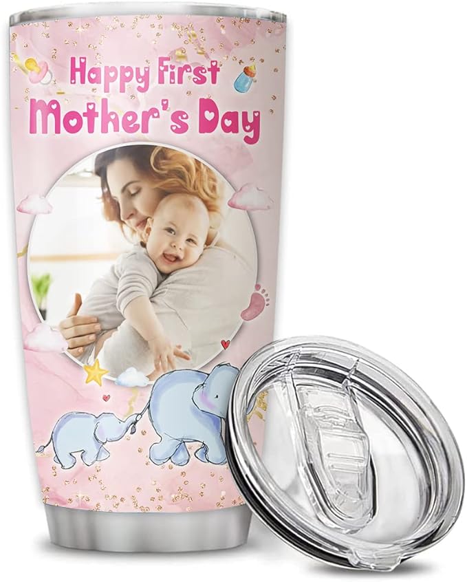 Happy First Mother's Day, Personalized Photo Tumblers, Gifts For Mom, New Mom Gifts For Women, Christmas Mothers Day Gifts For Mama, Mother, Customized Stainless Steel Coffee Travel Mug 20oz with Lid