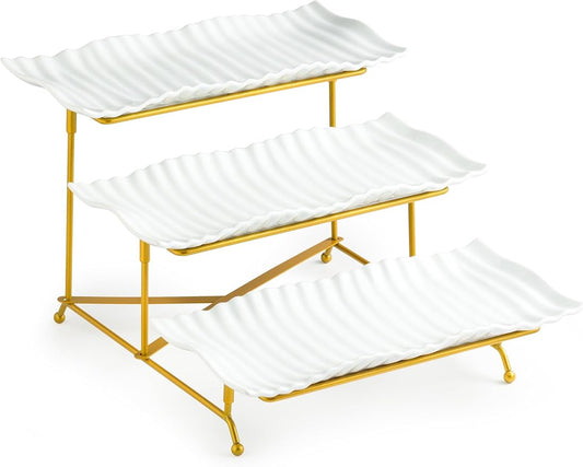 LAUCHUH 3 Tier Trays Stand, Porcelain Serving Trays Collapsible Sturdier Stand Serving Platters Dessert Table Display Set for Indoor Party, Entertaining, Thanksgiving, Christmas, Gold, 12.2 Inch